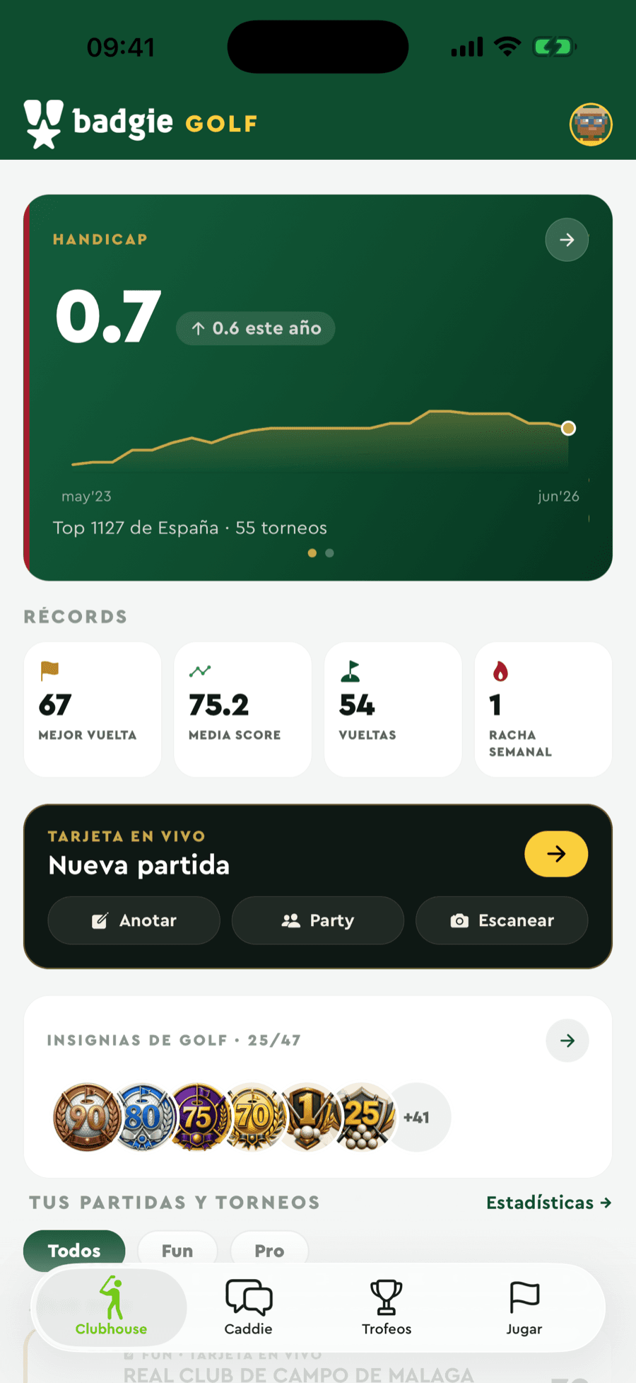 Pantalla de inicio de Badgie Golf con el hándicap y su evolución