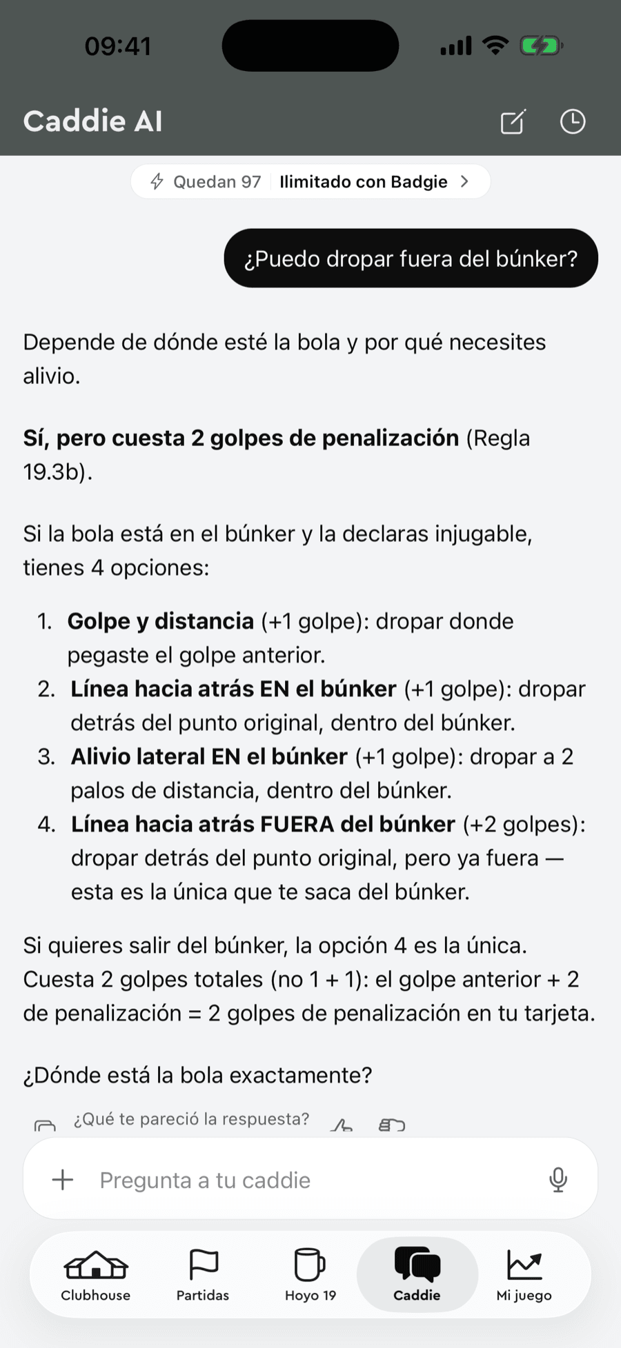 Caddie AI de Badgie Golf responent sobre l'alleujament des del búnquer amb la regla 19.3b