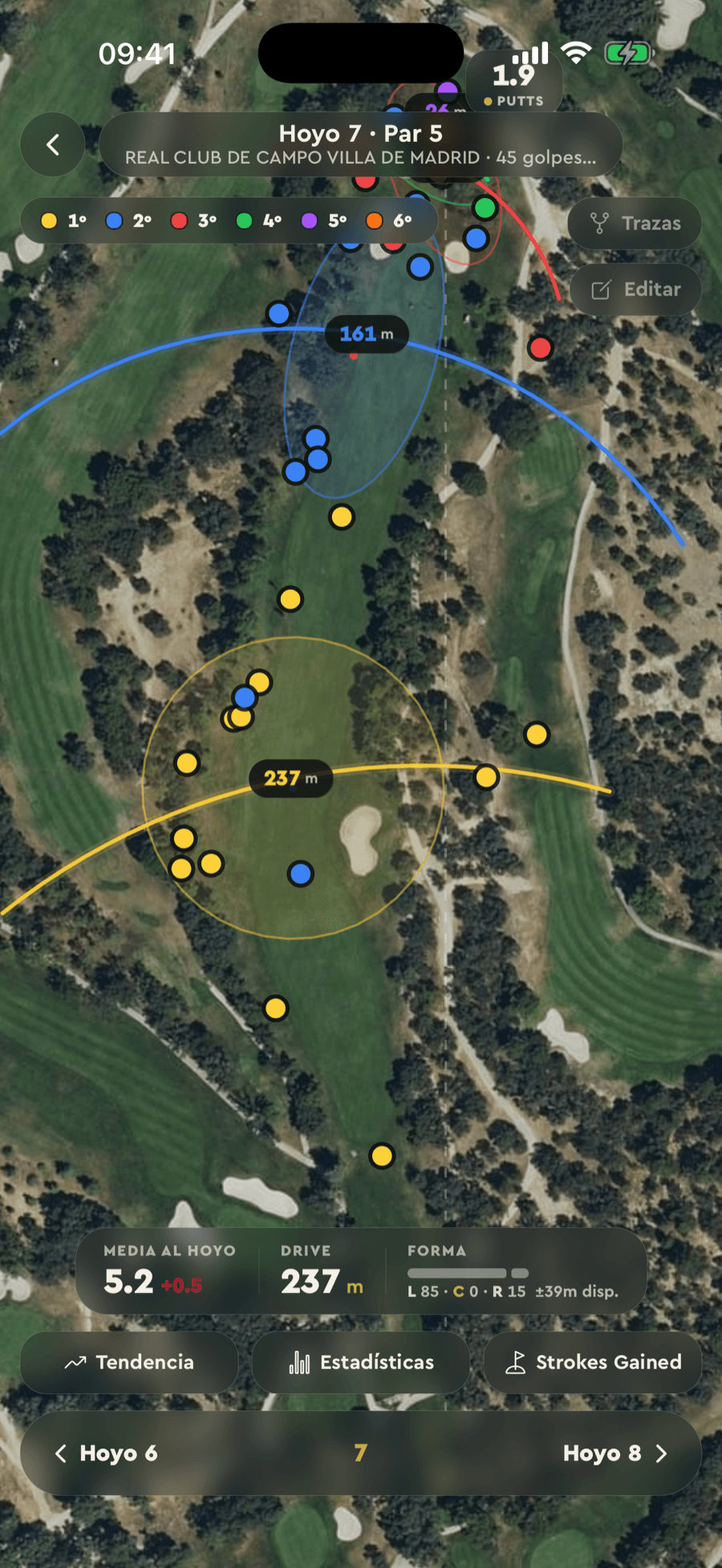 Dispersió de cops de Badgie Golf sobre el satèl·lit del forat 7, amb Strokes Gained