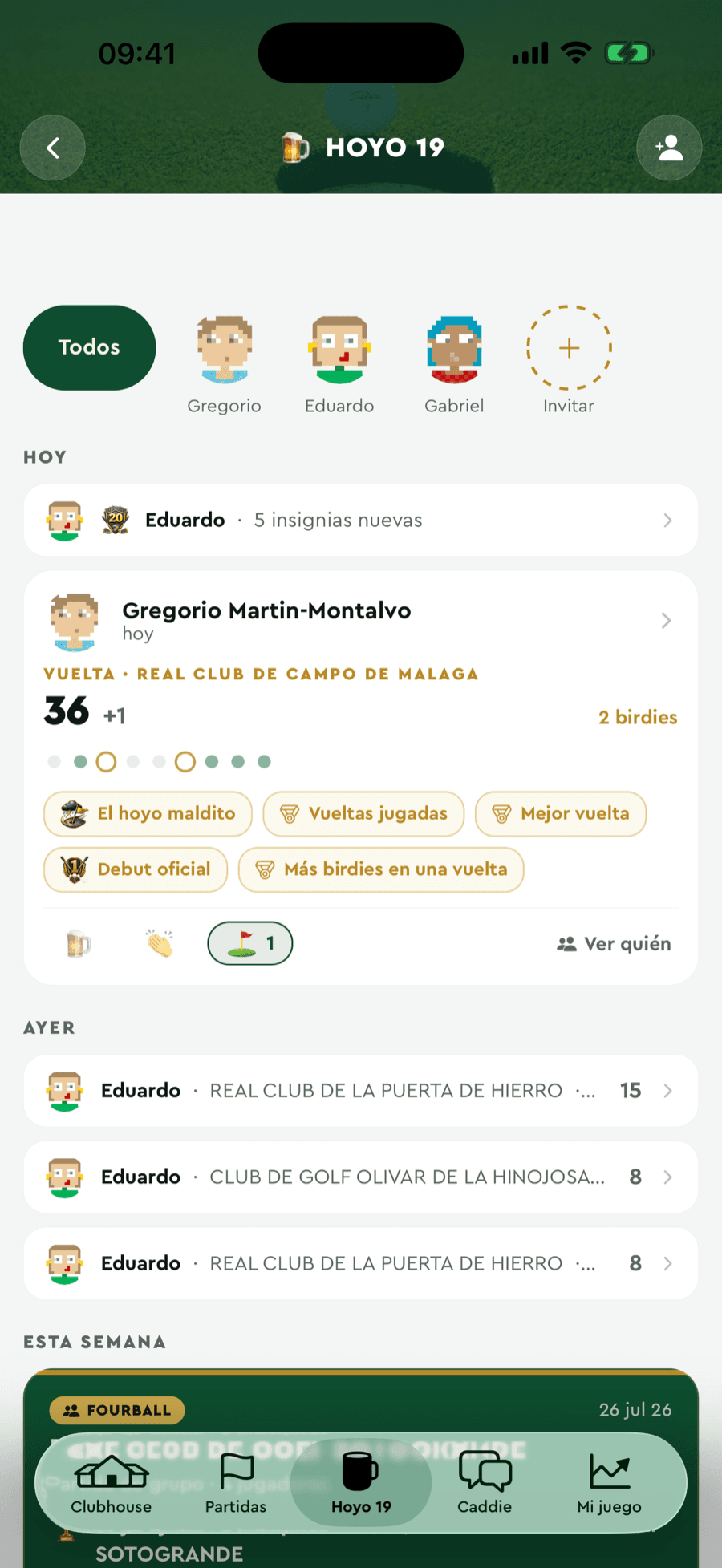 El Forat 19 de Badgie Golf: feed social amb voltes, insígnies i partides