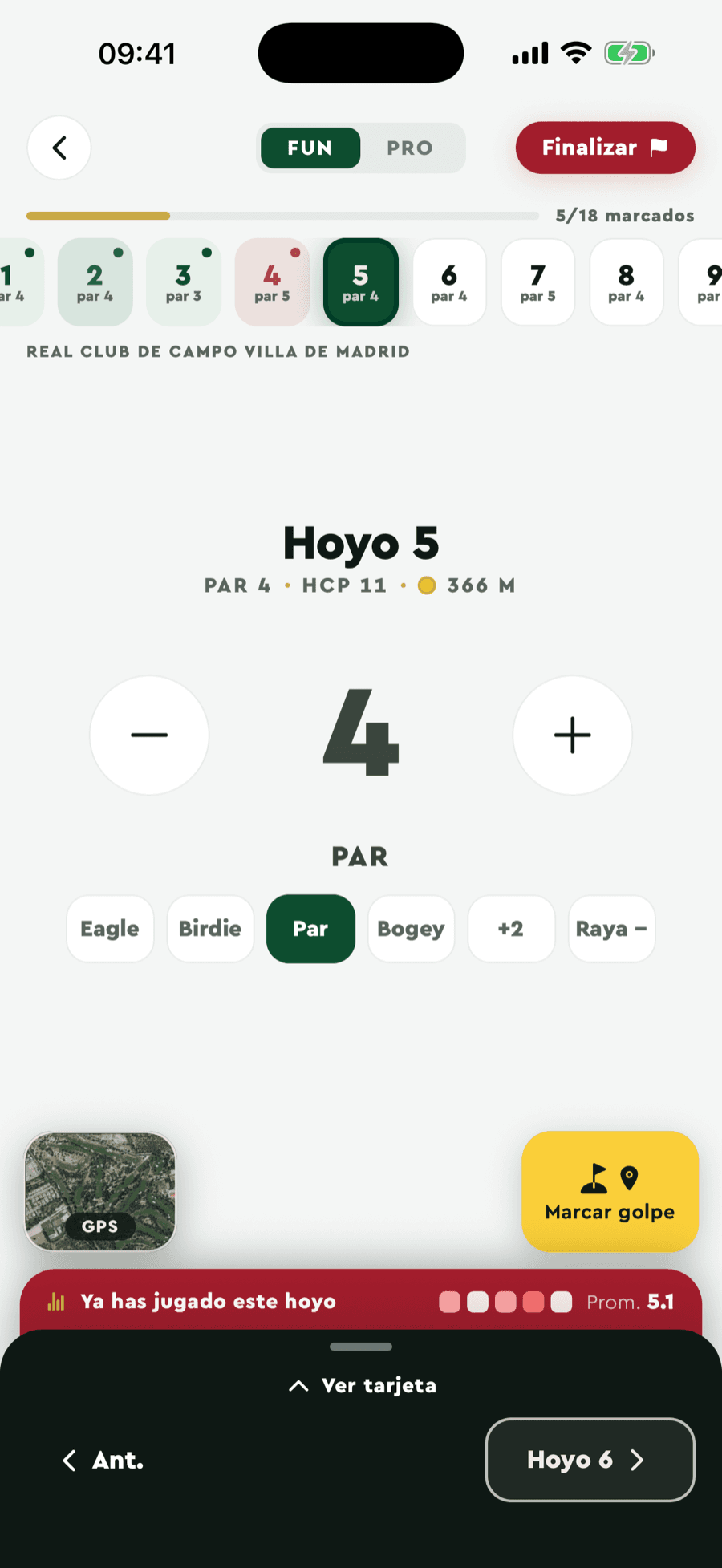 Targeta en directe de Badgie Golf: marcatge del forat amb GPS i el teu promig