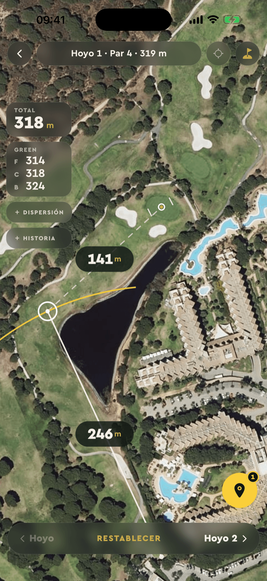 Rangefinder GPS de Badgie Golf: distància al green sobre imatge de satèl·lit